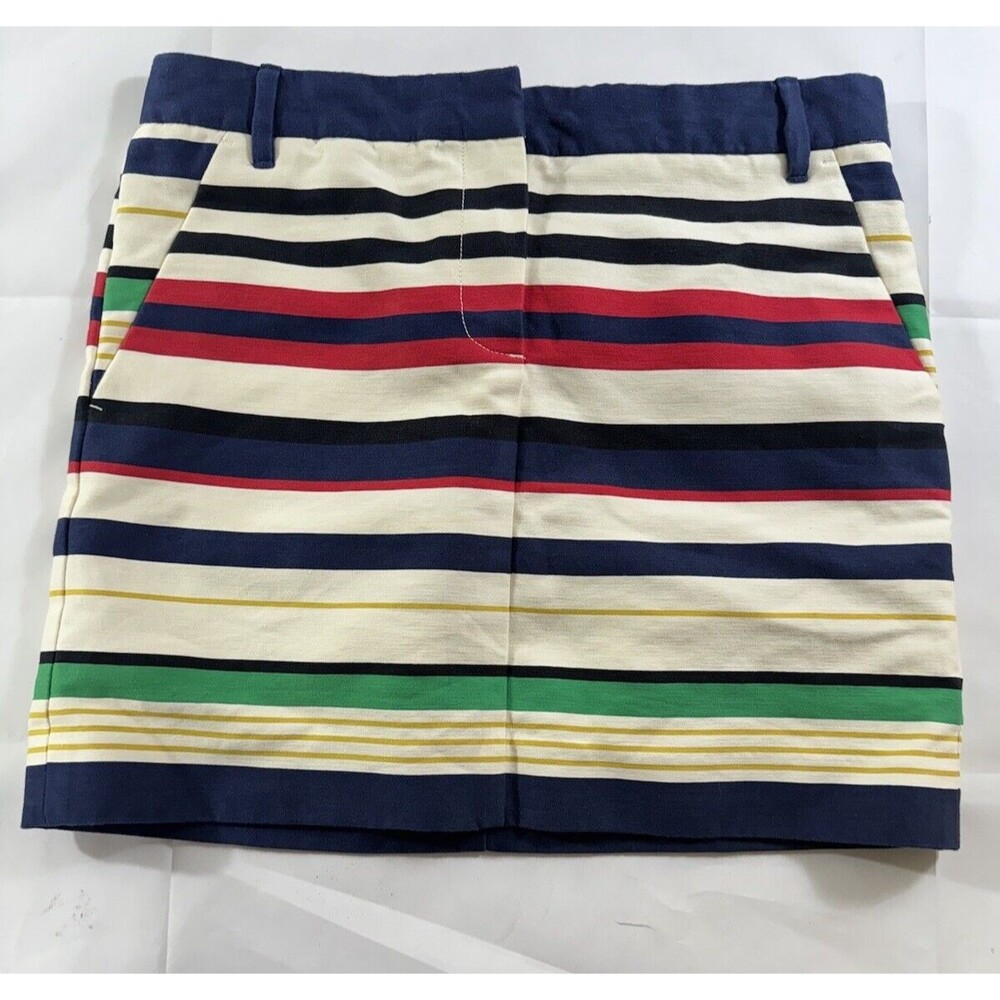 J. CREW Postage Stamp SKIRT Blue Black Red Cream Green Gold Stripes size 2